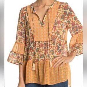 Floral Patchwork Blouse with Bell Sleeves
